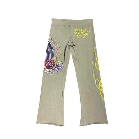 Vtg Y2K Ed Hardy Women's S Green Tattoo Logo Panther Drawstring Sweatpants EUC - Picture 2 of 4